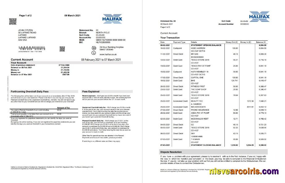 United Kingdom Halifax bank proof of address statement in Word and PDF format (2 pages)